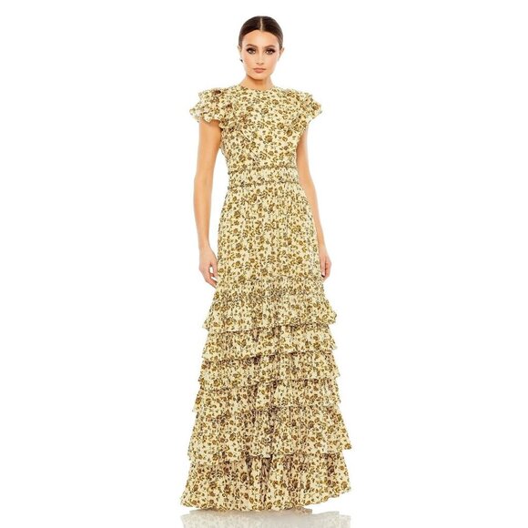 NWT Mac Duggal Tiered Ruffle High Neck Gown Taupe Multi 18 #7654 - Picture 1 of 8